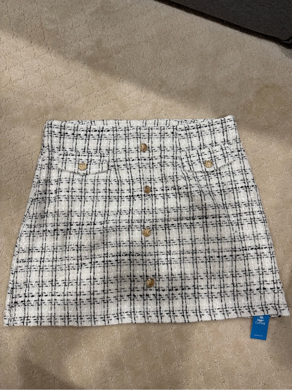 Cupshe Black & White Tweed Button-Front Mini Skirt